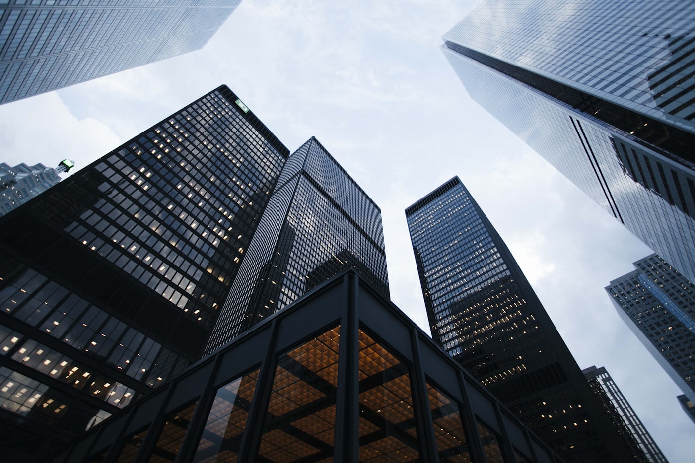 High-rise residential towers seen from below